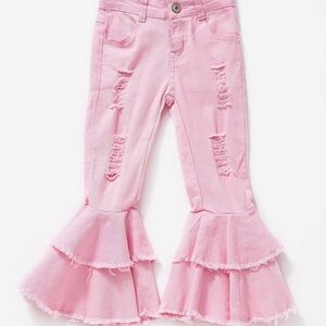 Pink Frayed Tiered Ruffle Kids Jeans